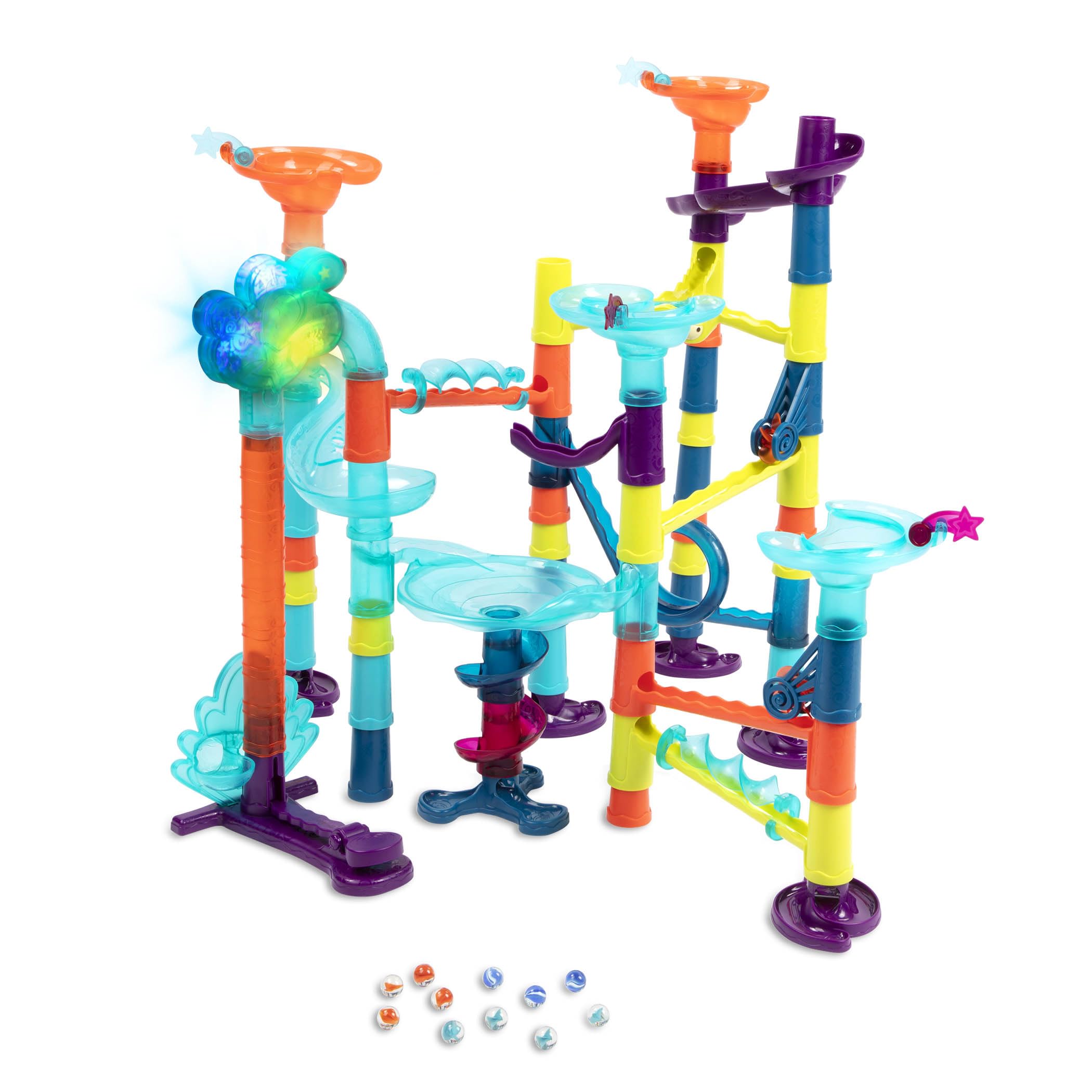 B. toys Murmelbahn 62 Teile mit Lichtern und Geräuschen, bunten Loopings, Murmeln – MINT Lernspielzeug – Spielzeug für Mädchen und Jungen ab 3 Jahren
