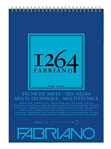 Fabriano 19100644 Honsell 19100644-Fabriano Mix Media Spiralblock 1264, 300 g/qm, DIN, 30 naturweißes, mittelkörniges Papier, säurefrei, für alle vielfältige Techniken geeignet, weiß, A3, 40 Blatt