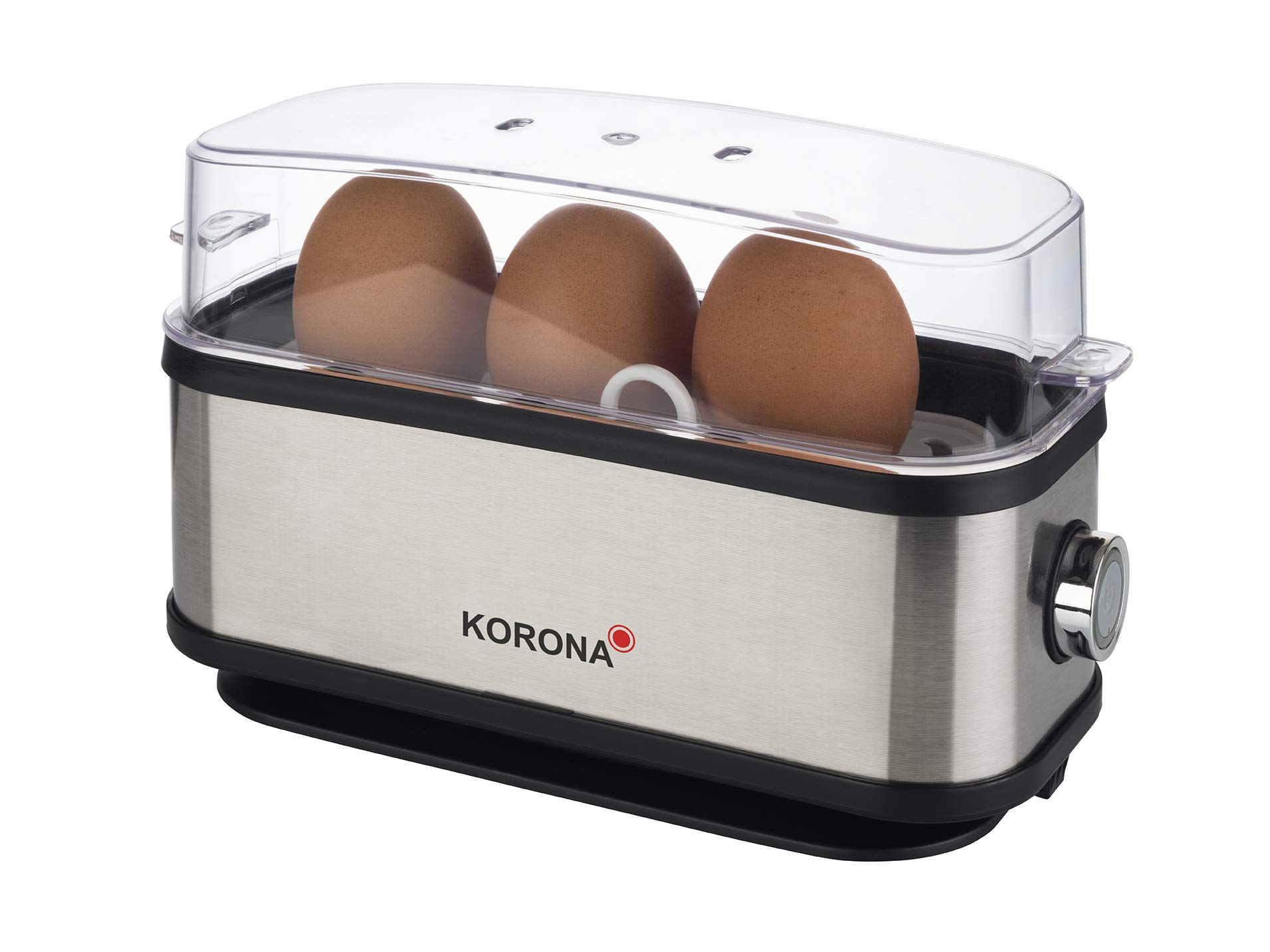 Korona 25304 Eierkocher | 1 bis 3 Eier | Single - Eierkocher | 210 Watt | Edelstahlgehäuse | Kabelaufwicklung, silber schwarz, 25304 | 1-3 eier