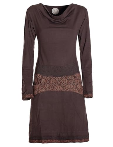 Vishes - Alternative Bekleidung - Langarm Damen Kleid mit Wasserfallkragen Bund Bedruckt Taschen braun 42
