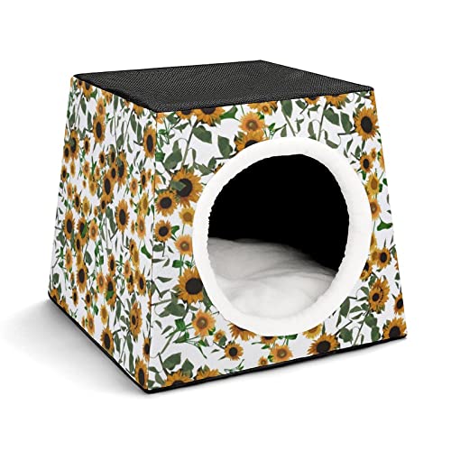 Mode Katzenhöhle für Katzen Hunde Kleintiere Faltbares Katzenhaus Katzenbett Katzensofa mit Flauschiges Kissen Sonnenblumen realistisch