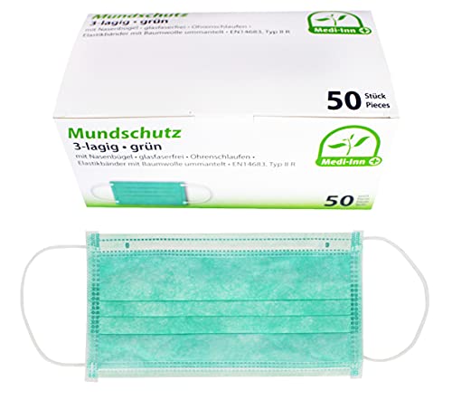 Medi-Inn+ Mundschutz Atemschutz Gesichtsmaske Einwegmaske mit Elastikbändern Typ IIR 3-lagig grün (10 x 50 = 500 Stück)