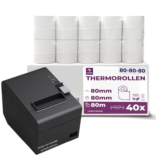 Thermorollen 80mm x 80m x 12mm - Kassenrollen - Bonrollen für Registrierkasse mit Bondrucker - Thermopapier – BPA Frei (40 Rollen)