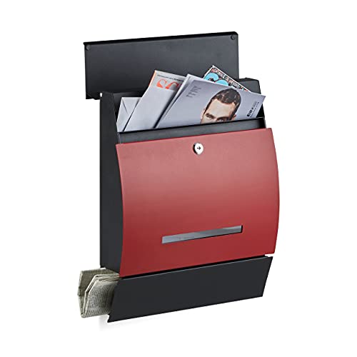 Relaxdays Design Briefkasten mit Zeitungsfach, Pulverbeschichtet, HxBxT: 45 x 35 x 11 cm, Wandbriefkasten, schwarz-rot