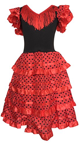 La Senorita Spanische Flamenco Kleid/Kostüm - für Mädchen/Kinder - Rot/Schwarz (Größe 92-98 - Länge 65 cm- 3-4 Jahr, Mehrfarbig)