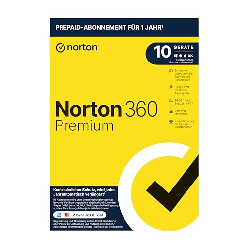 Norton 360 Premium 2020, 10-Geräte, 1-Jahres-Abonnement mit Automatischer Verlängerung, Secure VPN und Passwort-Manager, PC/Mac/Android/iOS, FFP, Download