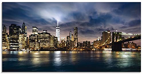 Artland Qualitätsbilder I Glasbilder Deko Glas Bilder 100 x 50 cm Städte Amerika Newyork Foto Blau H8GU New York City - schöner Sonnenaufgang über Manhattan mit Manhattan und Brooklyn Bridge USA