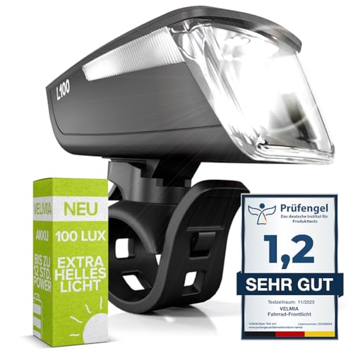 VELMIA Fahrradlicht Vorne StVZO zugelassen mit besonders starker Ausleuchtung und 8,5h Leuchtdauer I LED Fahrrad Licht regenfest und aufladbar I Front Fahrradlampe