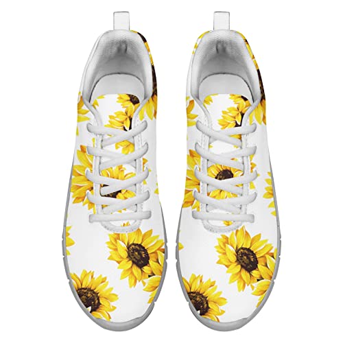 Dolyues Gelbe Sonnenblume Blumenweißer Druck Sportliche Wanderschuhe Lässige Leichte Schnürschuhe Damen EU41