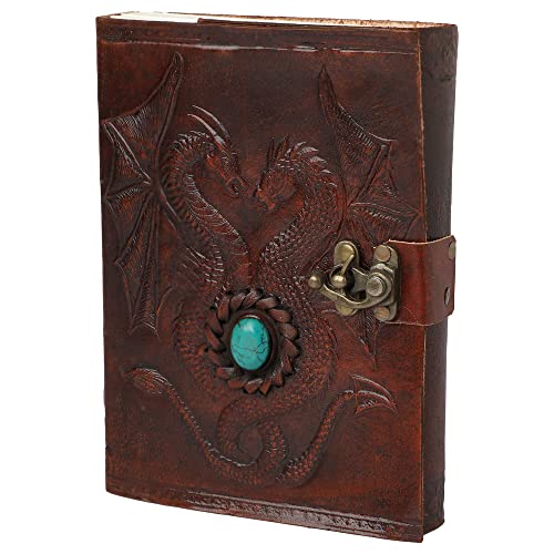 OVERDOSE Double Dragon with Stone C-Lock Leather Journal Diary Notebook – Handmade Journal for Student Office Bound Leather Journal for men & Women Notebook – 5 x 7 Zoll | 12 x 17 cm | A6