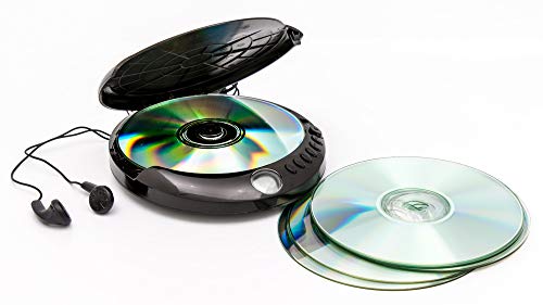 GPO CD122D Retro CD Spieler tragbar mit 20 Spuren programmierbarem Speicher, LCD-Display, stoßdämpfender Schutz, Kopfhörerbuchse, inkl. Kopfhörer, Schwarz