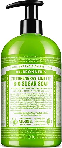 Dr. Bronner's Bio Suger Soap | Zitronengras Limette | Für Hände, Gesicht, Körper und Haar | Mit Shikakai-Pulver und Bio-Rohrzucker | 710 ml