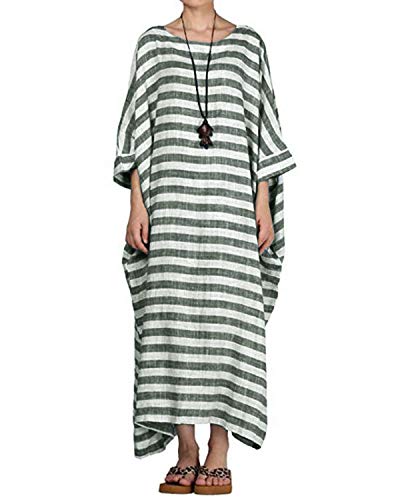 VONDA Damen Langarm Kleid Übergroße Freizeit Maxikleid Streifen Kleider C-Grün M