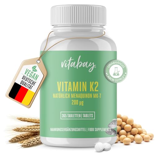 Vitabay Vitamin K2 hochdosiert 200 µg (mcg) - VEGAN 365 Vitamin K2 Tabletten MK7 MK-7 aus natürlichen Zutaten und laborgeprüft - Vit K2 Vitamin K 2 (Menaquinon-7) All-Trans Form K2 Vitamin Vitamin-k2
