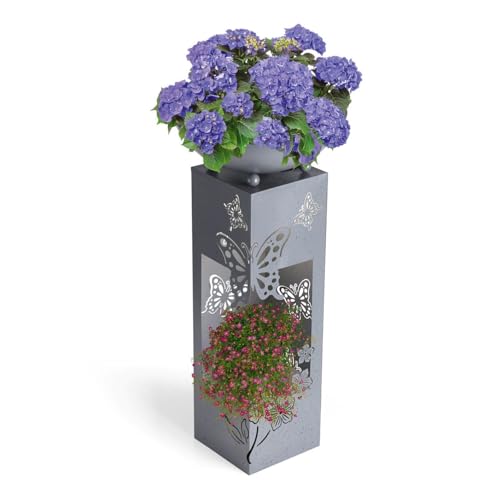 Hoberg LED Pflanzsäule 3D Schmetterling-Design in Beton-Optik | Abnehmbare Pflanzschale (Ø 34cm) In- und Outdoor geeignet | Integrierte Beleuchtung, 6h Timer, kabellos [19 x 19 x 72 cm]