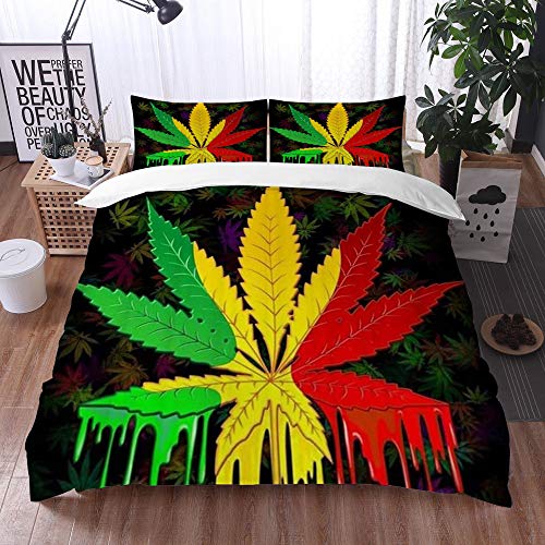 Qinniii 3 Teilig Bettgarnitur Bettwäsche,Reggae Rasta Marihuana Leaf Weed,Gemütlich 3D Mikrofaser Bettbezug Set + 2 Kissenbezug 135 x 200 cm