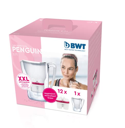 BWT - 815535 - Tischwasserfilter Penguin - 2,7 l, weiß - Wasserfilterkanne mit 12 Filter-Kartuschen für Magnesium Mineralized Water