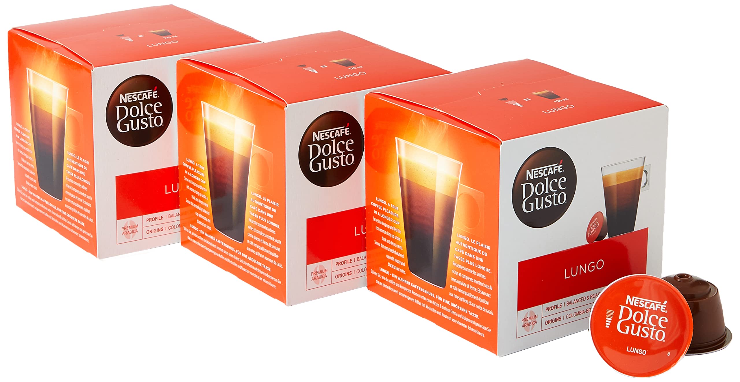 NESCAFE Dolce Gusto Lungo Kaffeepads – insgesamt 48 Kaffeekapseln – Espresso-Kaffee – mittlere dunkle Röstmischung – Kaffee-Intensität 6 (3 Packungen)