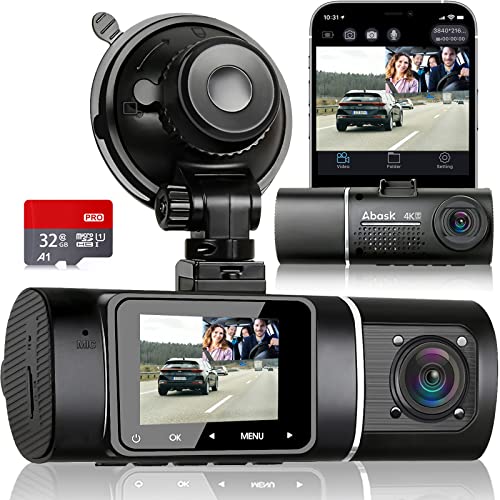Abask Dashcam Auto 4K WiFi Dash Cam Vorne Innen mit 32GB SD-Karte, 310° Weitwinkelansicht, Autokamera mit Parküberwachung, Bewegungserkennung, Infrarot Nachtsicht, G-Sensor, Loop-Aufnahm, HDR, Akku…