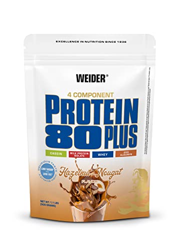 WEIDER Protein 80 Plus Eiweißpulver, Haselnuss-Nougat, Low-Carb, Mehrkomponenten Casein Whey Mix für Proteinshakes, 500g