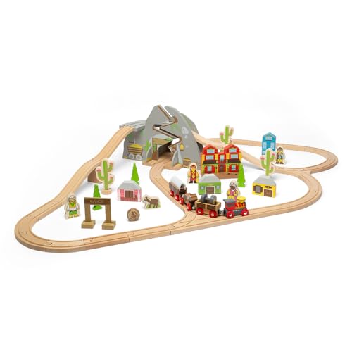 Bigjigs Rail - Wild West -Zug -Set - 62 Spielstücke Holz Cowboy -Zug -Set, Kinderzüge und Eisenbahnsets, Spielzeug und Geschenke für Kleinkinder, hergestellt aus nachhaltigem Holz, Alter 3 Jahre alt +