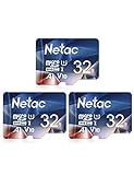 Netac Micro-SD-Karte, 32 GB, 3 Stück, MicroSDHC-Karte, 32 GB Speicherkarte – UHS-I, 90 MB/s, 600X, U1, C10, V10, A1, FAT32 TF Karte Micro SD Karte