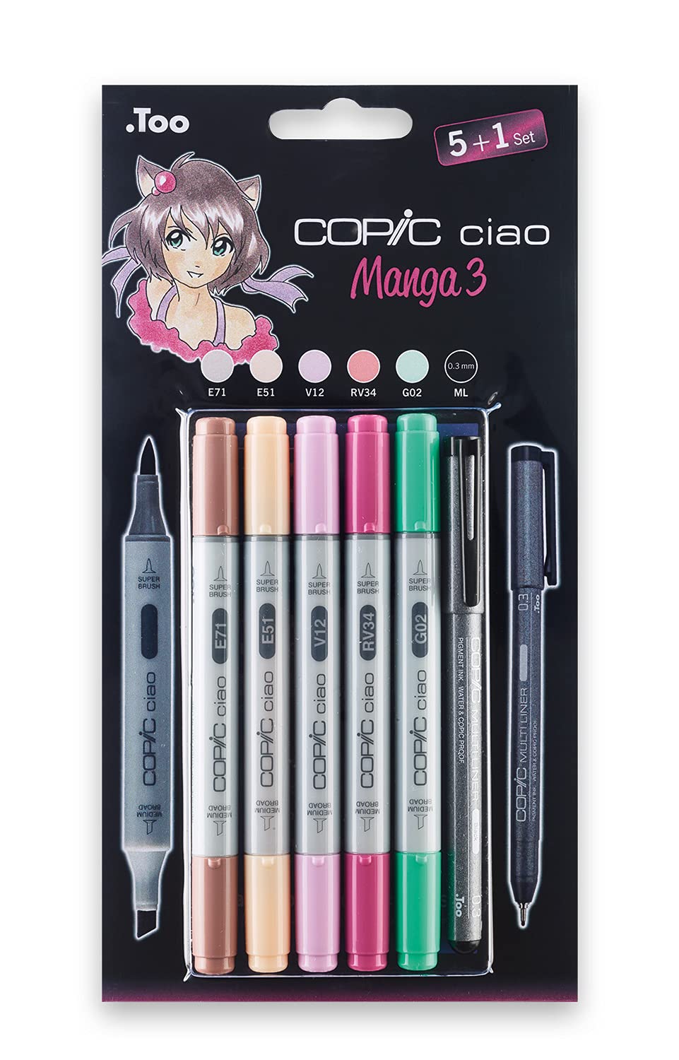 COPIC Ciao Marker 5+1 Set "Manga 3", 5 Allround-Layoutmarker mit einer mittelbreiten und einer Brush-Spitze, inkl. 1 Multiliner 0,3 mm