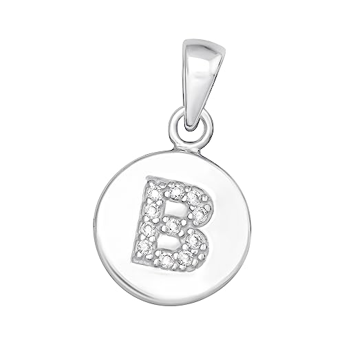 Bungsa KETTEN-ANHÄNGER RUND mit Buchstaben und Kristallen aus .925 Sterling Silber - Buchstabe B