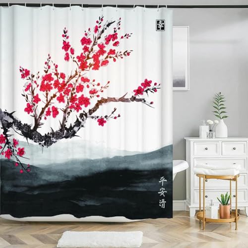 KEPPD Tuschemalerei Landschaft Blume Duschvorhänge Badvorhang im chinesischen Stil mit 12 Haken Wasserdichter Badezimmervorhang aus Polyester-XXL 300 x 180 cm (118 x 71 Zoll) Duschvorhang