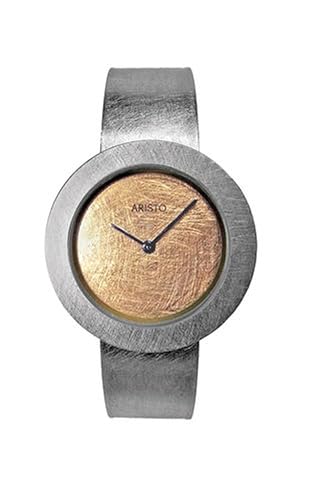 Aristo Titan Quarz-Armbanduhr - Silberfarbenes Titanarmband und goldfarbenes Ziffernblatt mit Front aus Mineralglas - Made in Germany