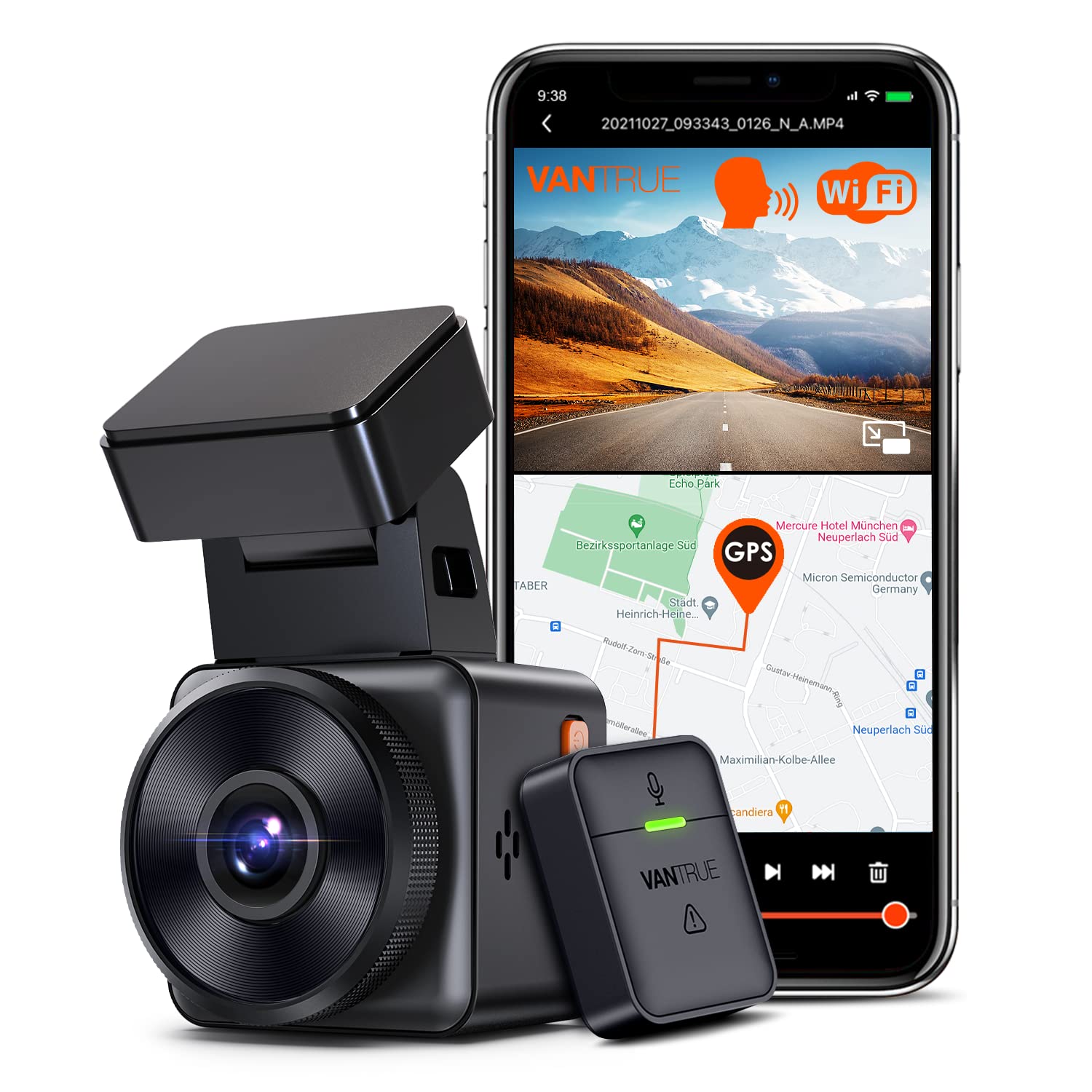 VANTRUE E1 2.7K Dashcam Mini Auto WiFi GPS, 2.5K 1440P/60FPS Dash Cam Fernbedienung Sprachsteuerung, 24Std. Puffer Parküberwachung, HDR Super Nachtsicht, 1.54 Zoll 160°Versteckte Autokamera, max. 1TB