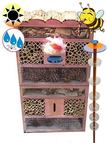 Gartendeko-Stecker als funktionale Bienentränke + 1x Lotus BIENENHAUS Insektenhaus FDV-HO-Station-OS,XXL Bienenstock & Bienenfutterstation für Wildbienen, Hummeln Schmetterlinge Style PINK