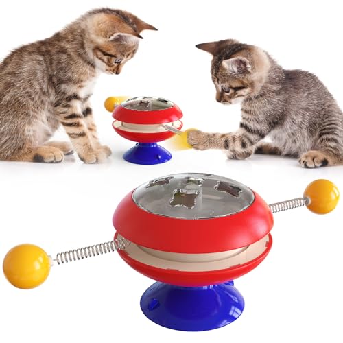 Qosigote Catnip Balls Toy with Suction Cup Base, Multi-Functional Catnip Interactive Training Toy, Funny Teasing Cat Spinning Windmill Toys, Engaging Indoor Cat Toy for Endless Fun (Red)