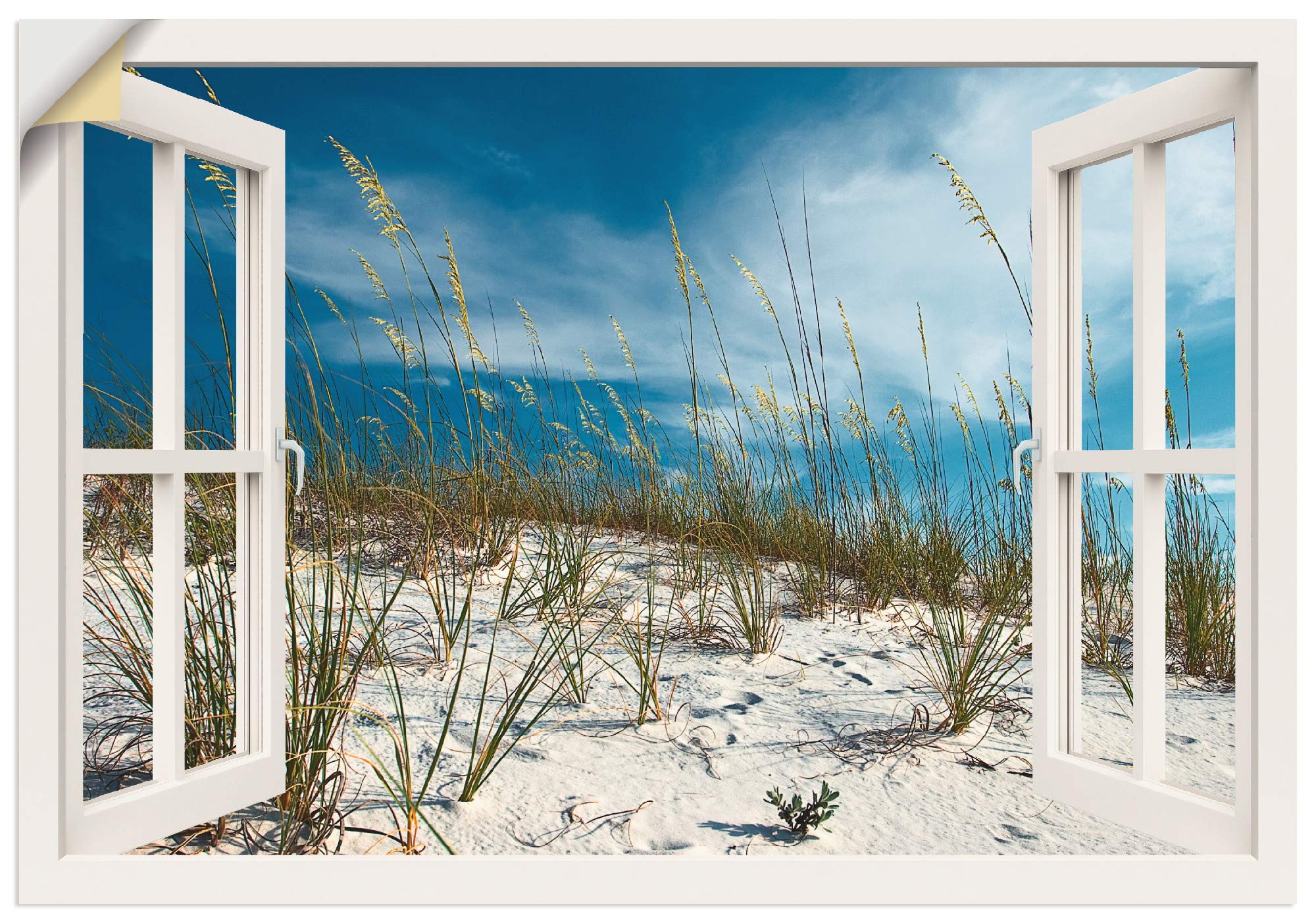 ARTland Wandbild selbstklebend Vinylfolie 70x50 cm Wanddeko Wandtattoo Fensterblick Fenster Dünenlandschaft Strand Gräser Maritim T6BR