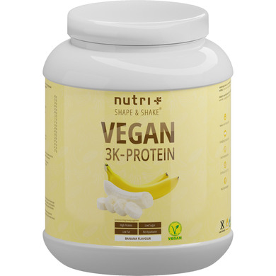 Protein Vegan Banane 1kg - 84,1% pflanzliches Eiweiß - Nutri-Plus Shape & Shake 3k-Proteinpulver - Veganes Eiweißpulver ohne Laktose & Milcheiweiß - hergestellt in Deutschland