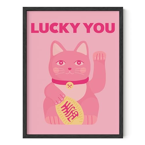 HAUS AND HUES Rosa Wandkunst – Lucky You Pink Anime und japanische Katze Poster für Wand, Katzen-Wandkunst, rosa Poster für Raumästhetik, rosa Kunst und Katzenkunst, Wanddekoration Lucky You Poster