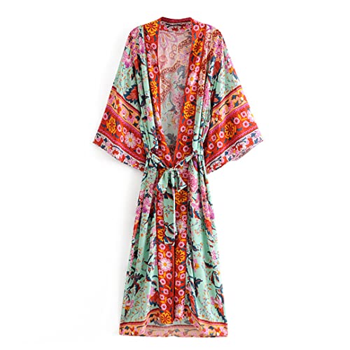 Bqxxdeo Frauen Pfauenmuster Fledermausärmel Strand Bohemian Kimono Robe V-Ausschnitt Quaste Sommerkleid EN8 XL