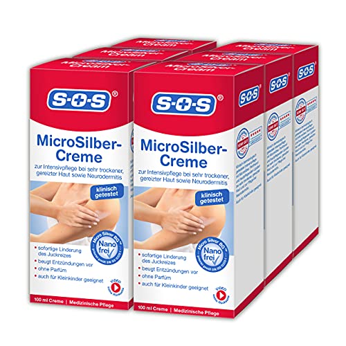 SOS MicroSilber Creme, Intensivpflege für gereizte und trockene Haut sowie Neurodermitis, lindert den Juckreiz und beugt Entzündungen vor, mit Panthenol und Sojaöl, ohne Parfüm, 6 x 100 ml Creme