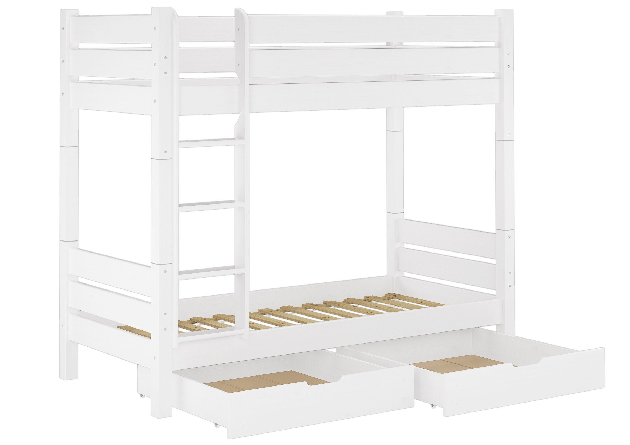Erst-Holz® Etagenbett für Erwachsene Kiefer weiß 100x200 teilbar 2 Rollroste Bettkästen 60.16-10WT100S2