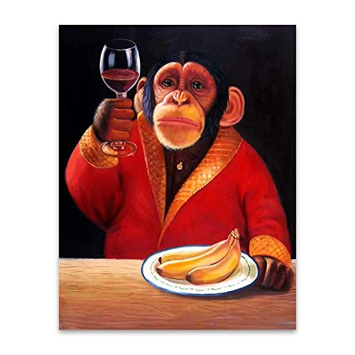 Leinwand Malerei Wandkunst Tier Poster AFFE Schimpanse Trinken Wein Rauchen Drucke Dekorative Bild Wohnzimmer Wohnkultur 60x90cm Rahmenlos