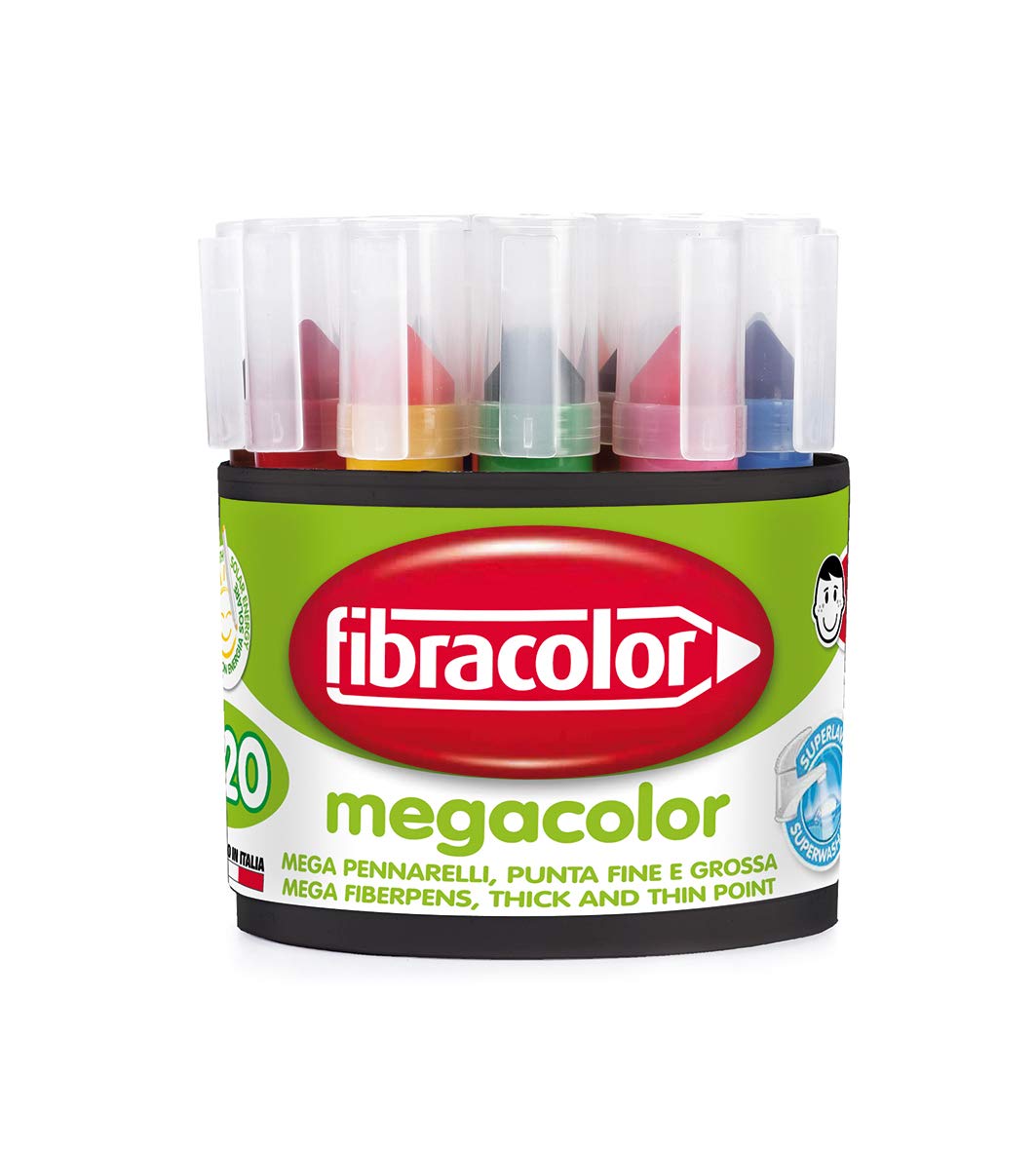 FIBRACOLOR Megacolor Marker 20 Stück, je 2 Stück je 10 Farben, Maxi-konische Spitze, Mega-Tintenfüller, super waschbar
