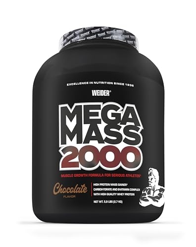 WEIDER Mega Mass 2000 Weight Gainer für Muskelaufbau, Leckerer Mass Gainer Shake mit hochwertigem Whey Protein, Kohlenhydraten & Vitaminen, Muskelaufbau Pulver perfekt zum Zunehmen, Schokolade, 2,7kg