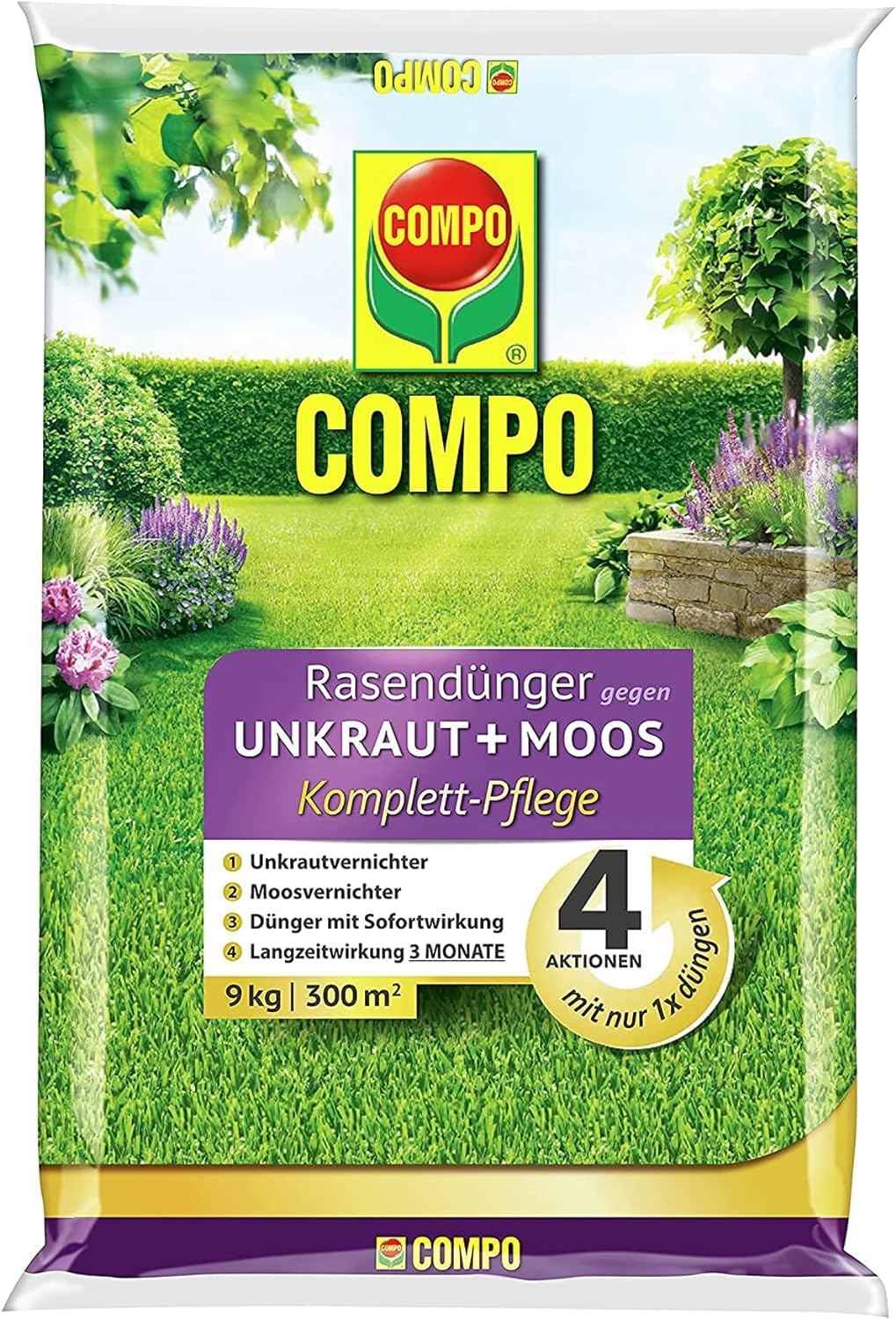 COMPO Rasendünger gegen Moos und Unkraut - 3 Monate Langzeitwirkung - 9 kg / 300m²