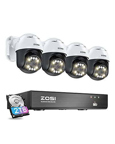 ZOSI 5MP PoE Überwachungskamera Set Aussen, 4X 355°/140° Schwenkbar IP Dome Kamera und 8CH 5MP PoE NVR mit 2TB HDD, 2-Wege-Audio, Ton- und Lichtalarm
