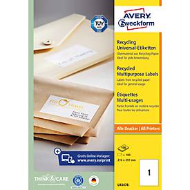 Etiketten AVERY® Zweckform, für Druckertyp Inkjet/Laser, rechteckig, nachhaltig, A4 Format, Papier, naturweiß, 100 Etiketten, B 297 x H 210 mm