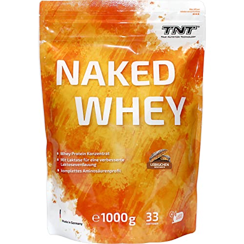TNT Naked Whey + Laktase – 1kg Whey Protein Konzentrat – Eiweißpulver mit toller Löslichkeit & Geschmack – Proteinpulver (Lebkuchen)