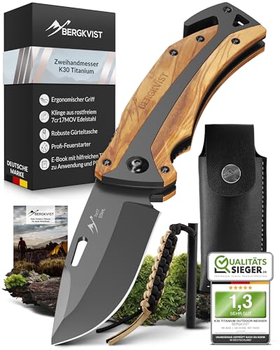 BERGKVIST® K30 Titanium Klappmesser (Zweihandmesser) - Mitführen in Deutschland erlaubt - 3-in-1 Taschenmesser für Outdoor, Camping & Survival
