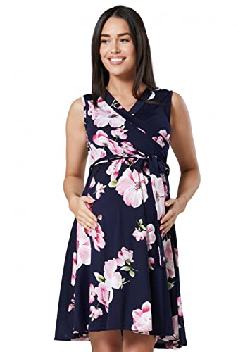 HAPPY MAMA. Damen Umstands Stillkleid Lagendesign V-Ausschnitt Empire-Taille. 078p (Marine mit rosa Blumen, 36, S)