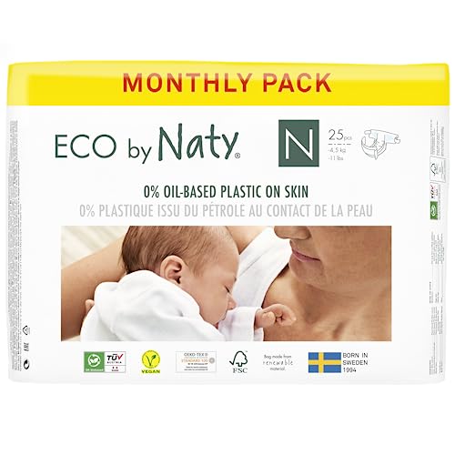 Eco by Naty, Größe Neugeboren, 100 Windeln, -4 5 kg, MONATSVORRAT, pflanzliche Premium-Bio‑Windeln mit 0% Plastik auf der Haut