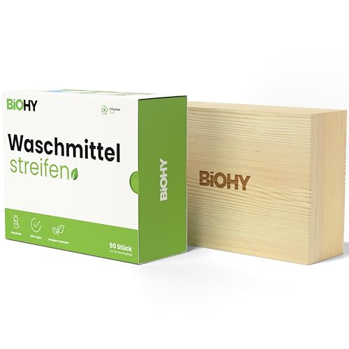 BiOHY Waschmittel Blätter (1 x 60 Stück) + Aufbewahrungsbox aus Holz | Nachhaltiges UNIVERSAL Reisewaschmittel ohne Plastik | 100% biologisch abbaubares Waschpapier | Wasserlösliche Waschmittel